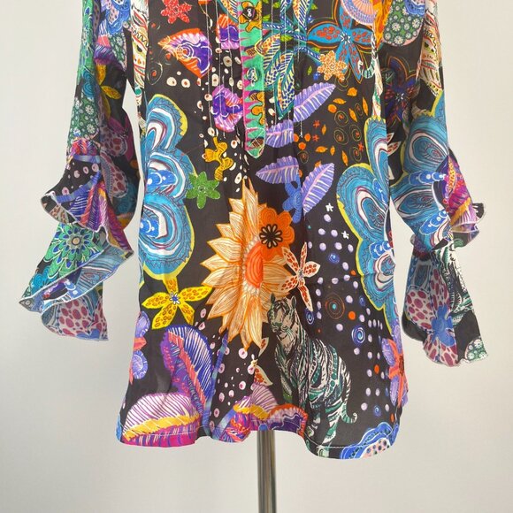 NWOT Johnny Was Zellah Silk Floral Ruffles Pleated V-neck Blouse Size S - Picture 4 of 15